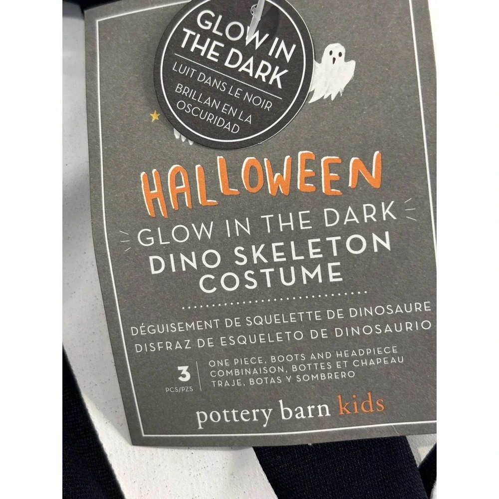 Pottery Barn Kids Glow in the Dark Dino Skeleton Costume 3pc Set Size 7-8 Black - Picture 4 of 12